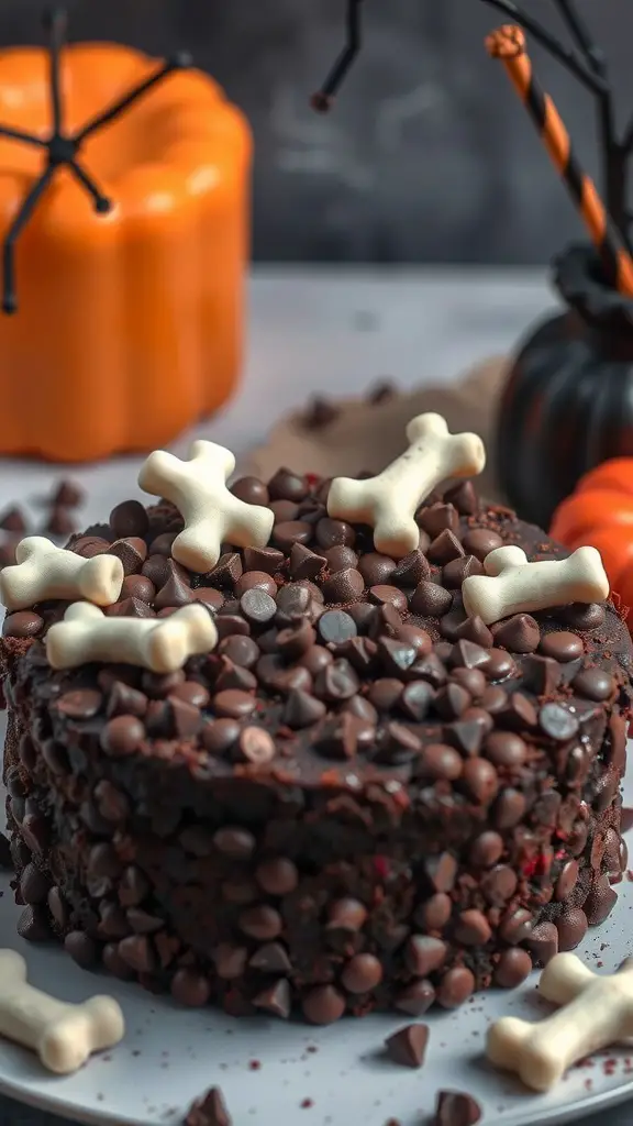 A chocolate chip cake decorated with white chocolate bone candies and chocolate chips, with a pumpkin in the background.