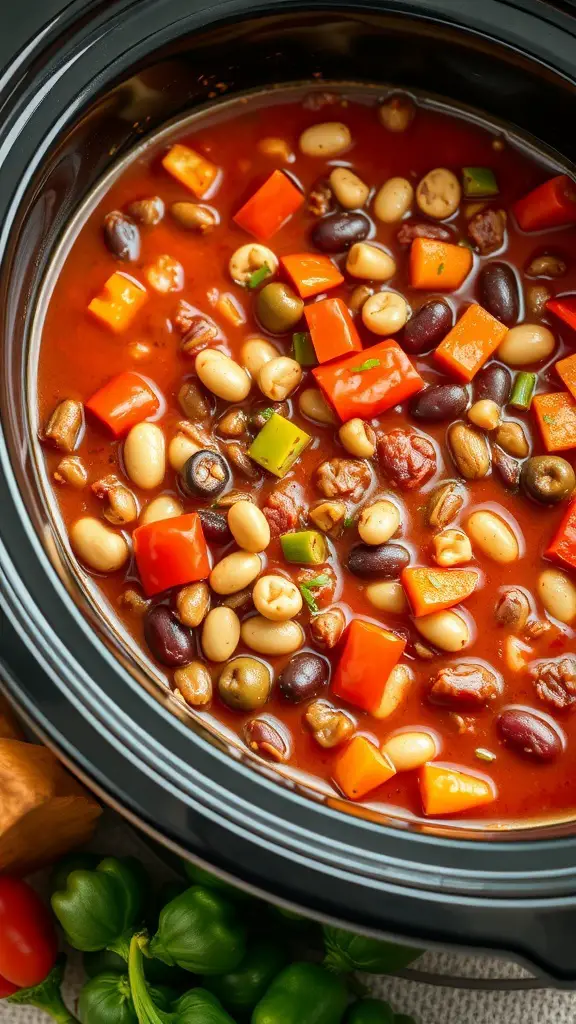 A close-up view of a crockpot filled with colorful vegetarian chili loaded with various beans and vegetables.