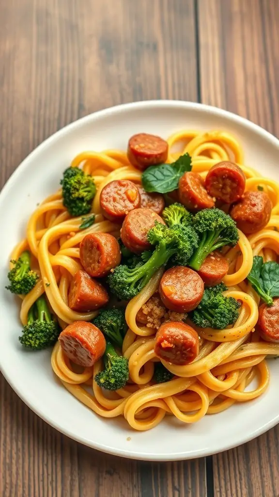 A plate of ditalini pasta with sausage and broccoli rabe, garnished with greens.