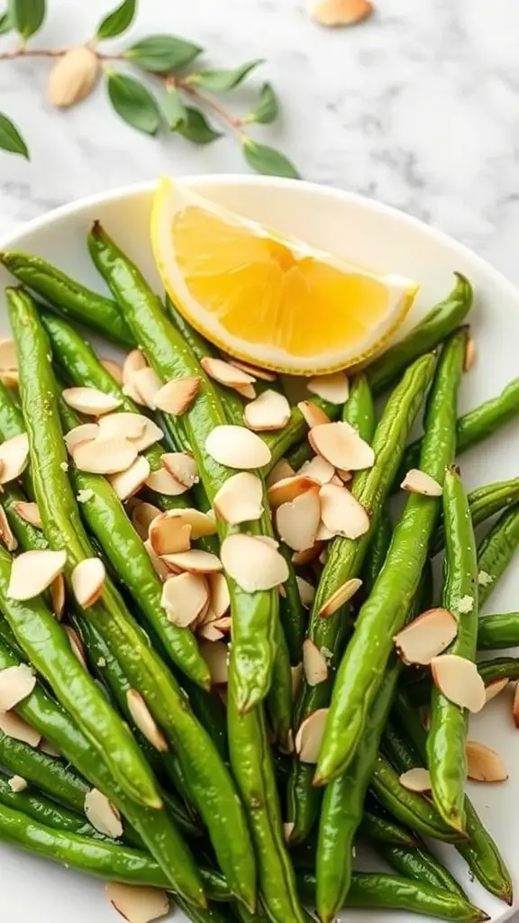 A plate of green beans topped with sliced almonds and a lemon wedge