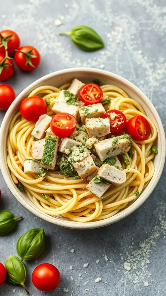 A bowl of zucchini noodles topped with pesto chicken and cherry tomatoes.