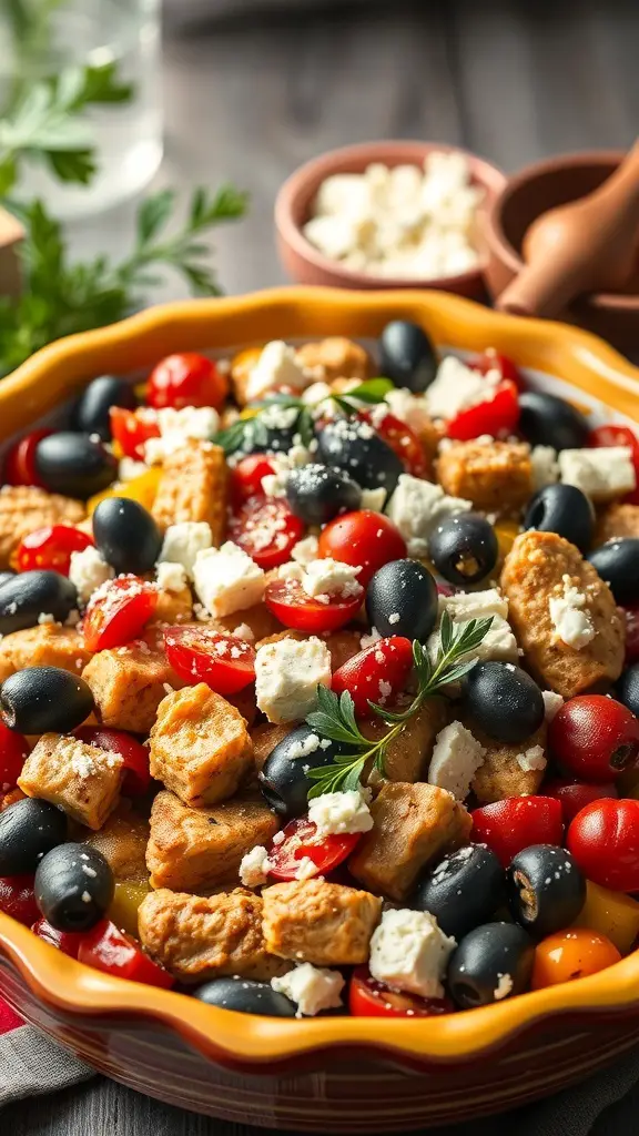 A colorful Mediterranean turkey casserole with cherry tomatoes, black olives, and feta cheese.