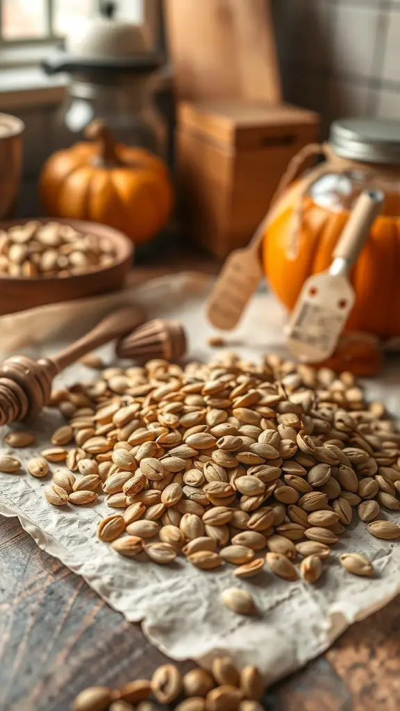 A pile of pumpkin seeds on a wooden table with pumpkins in the background.