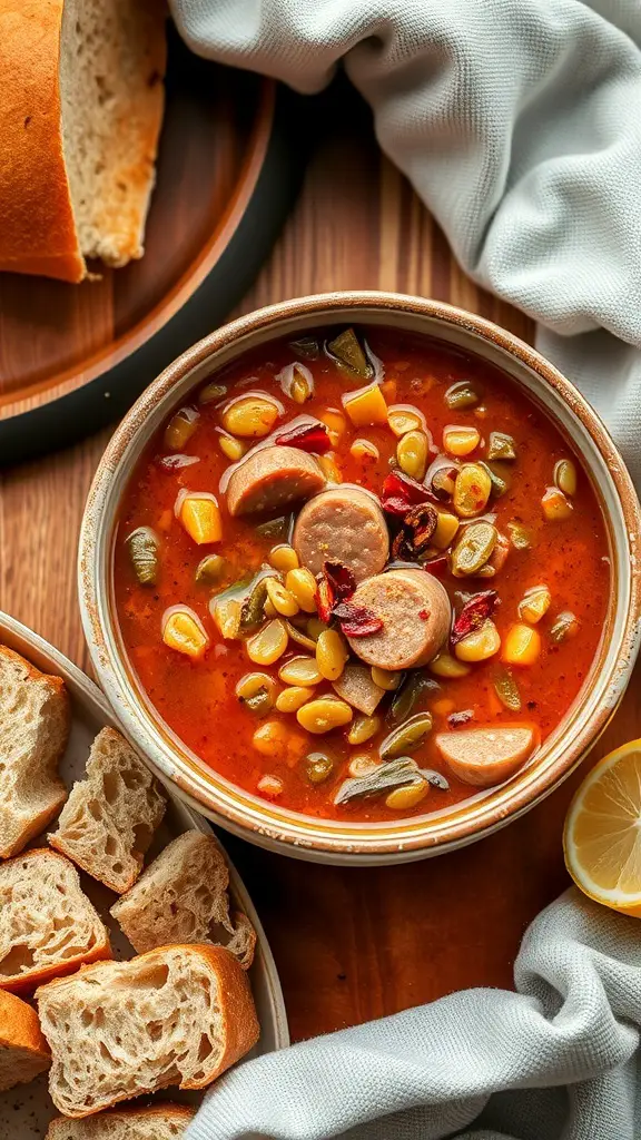 A bowl of spicy lentil and sausage soup with colorful vegetables and slices of sausage, accompanied by crusty bread.