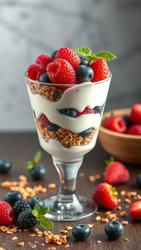 A delicious Greek yogurt parfait with layers of yogurt, berries, and granola in a glass.