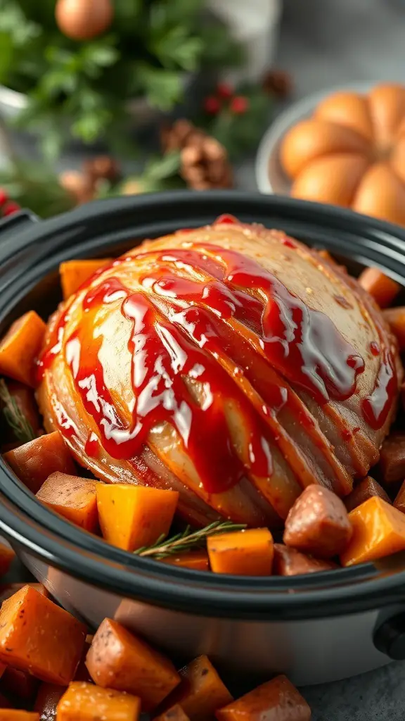 Maple glazed ham with sweet potatoes in a crockpot