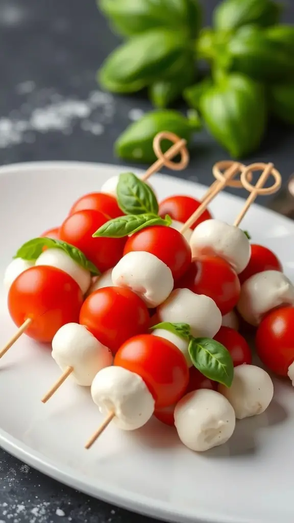Mini Caprese skewers with cherry tomatoes, mozzarella balls, and basil on a plate.