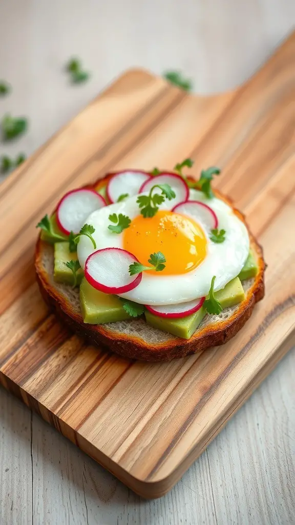 A slice of toast topped with avocado, a fried egg, radishes, and herbs on a wooden board.