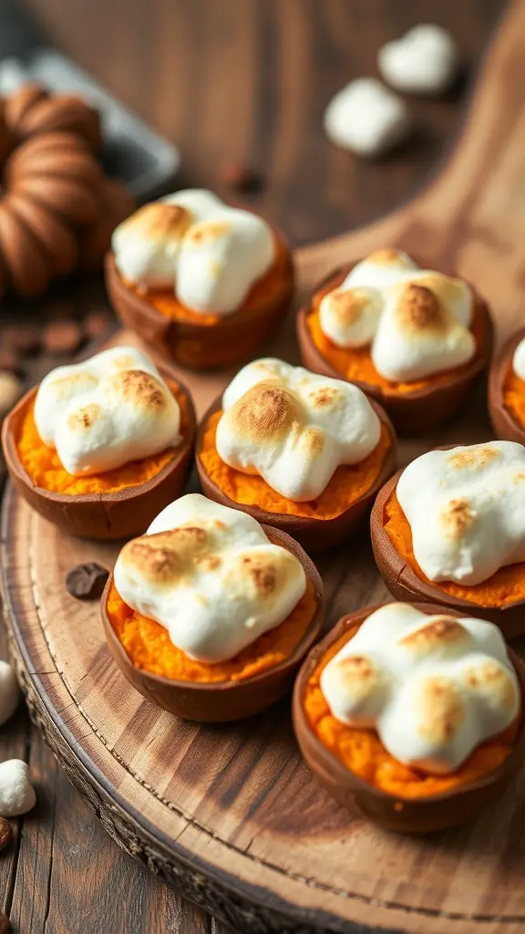 Sweet potato bites topped with toasted marshmallows on a wooden platter.
