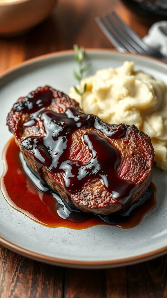 A plate of balsamic glazed venison steak served with mashed potatoes.