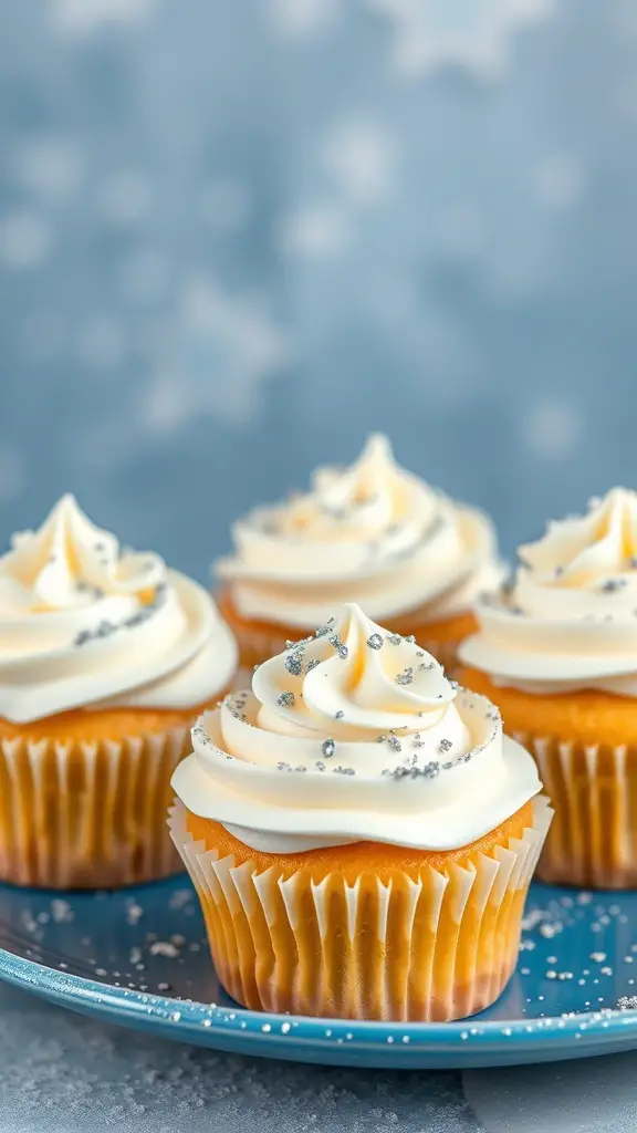 Four winter-themed vanilla cupcakes with white frosting and silver sprinkles on a blue plate.