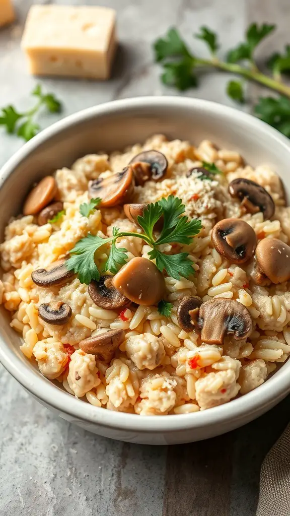 A bowl of creamy turkey and mushroom risotto topped with fresh parsley and mushrooms.