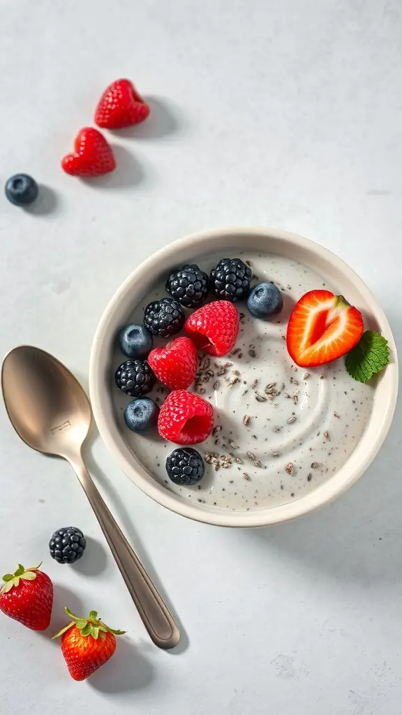 A bowl of berry chia seed pudding topped with strawberries, blueberries, and blackberries, with a spoon beside it.