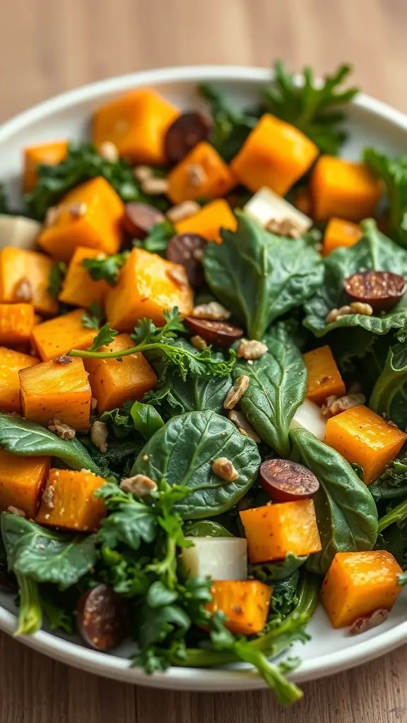 A colorful salad featuring butternut squash, kale, and nuts.