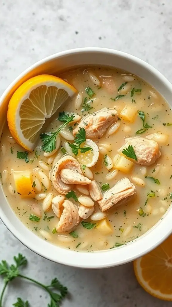 A bowl of Zesty Lemon Chicken Orzo Soup with lemon slices and fresh herbs