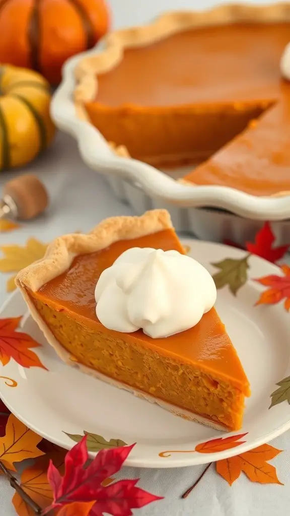 A slice of pumpkin pie topped with whipped cream on a plate, with a whole pie in the background and autumn leaves.