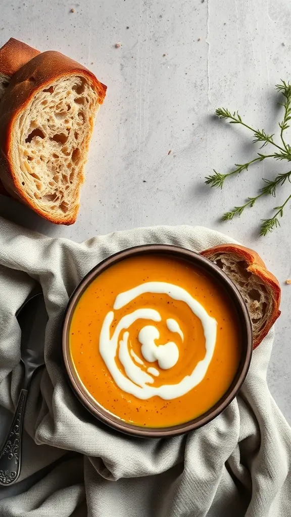 A bowl of spiced butternut squash soup with a swirl of cream, accompanied by a slice of crusty bread.