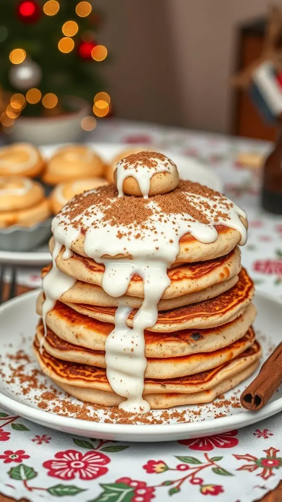 A stack of fluffy cinnamon roll pancakes topped with icing and a small cinnamon roll, set against a festive background.