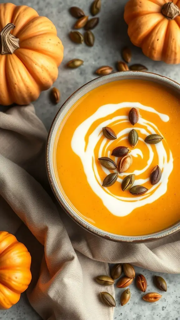A bowl of butternut squash soup topped with cream and pumpkin seeds, surrounded by small pumpkins and seeds.