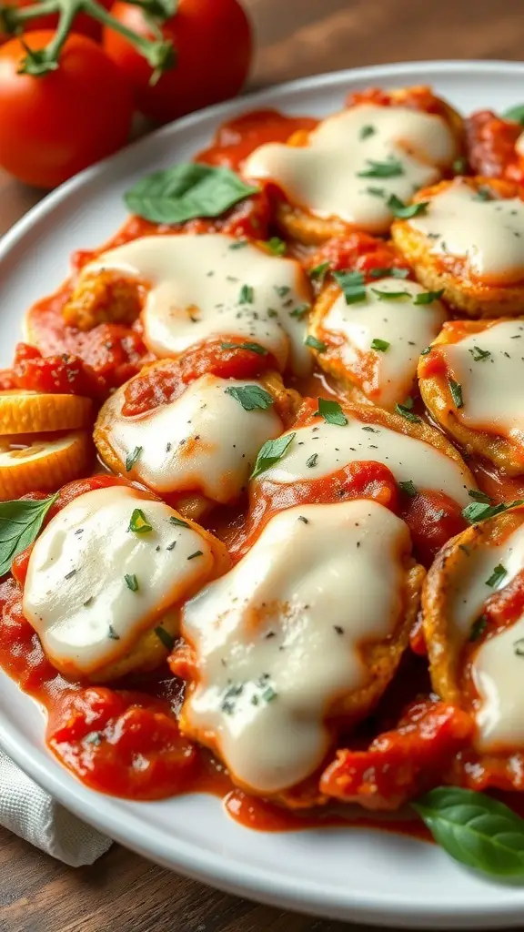 A delicious Italian Turkey and Zucchini Bake topped with melted cheese and fresh herbs.