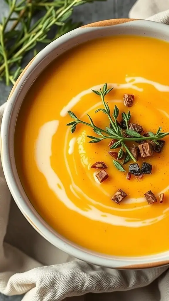 A bowl of creamy butternut squash soup garnished with herbs