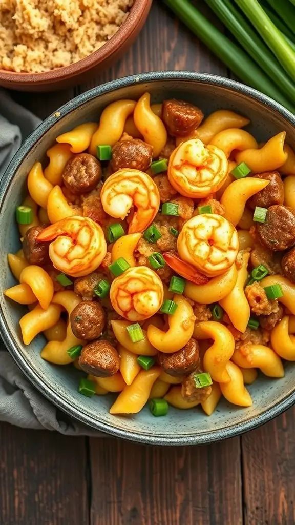 A bowl of Cajun Shrimp and Andouille Macaroni with green onions on top.