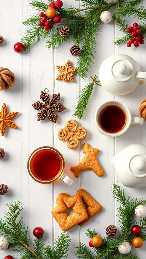 A festive Christmas tea party setup with tea, cookies, and holiday decorations.