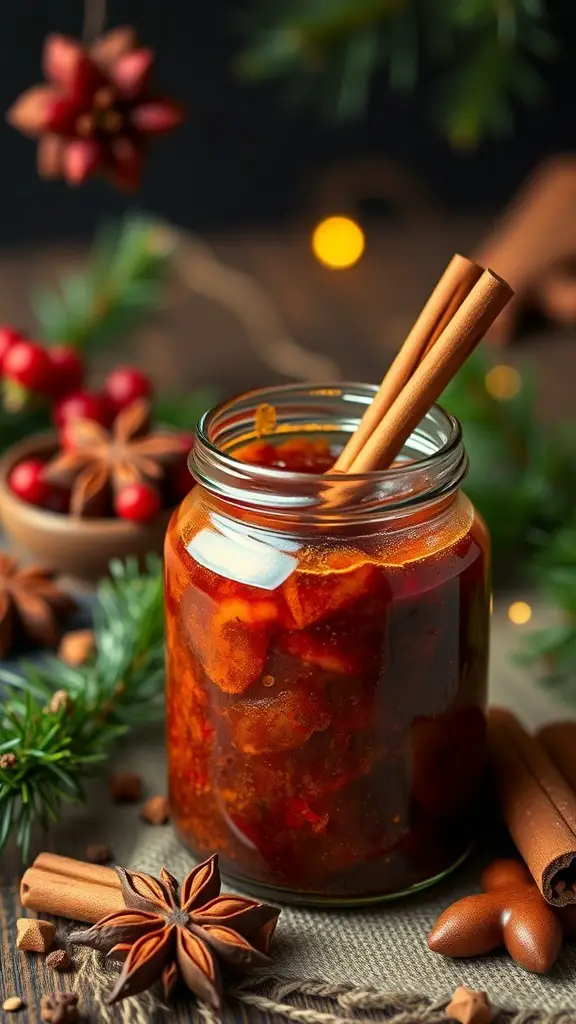 A jar of holiday spice jam with cinnamon sticks and star anise, surrounded by festive decorations.