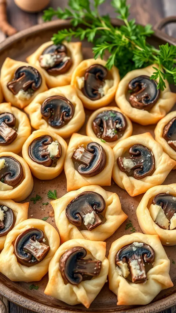 A platter of Mushroom and Gruyere Puff Pastry Bites arranged with fresh parsley.