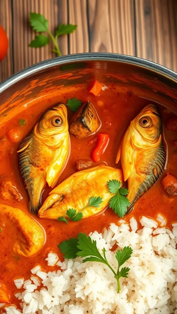 A bowl of canned fish curry with coconut milk, served with white rice and garnished with cilantro.