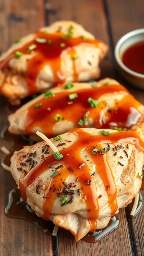 Honey garlic glazed chicken thighs with sauce and herbs