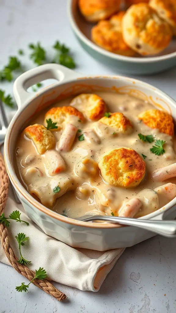 A bowl of biscuit and gravy casserole with golden biscuits and creamy gravy.
