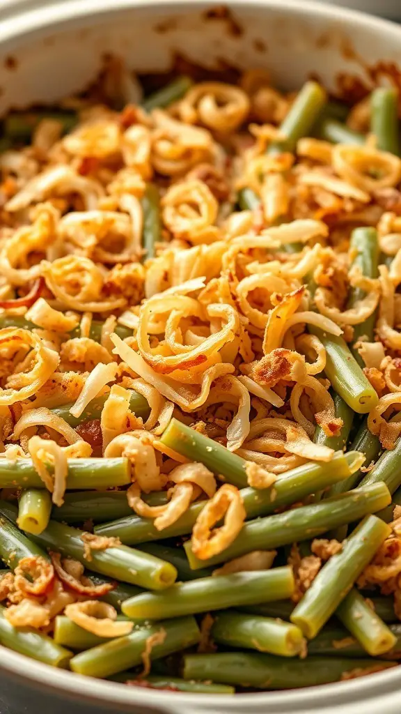 A close-up of a baked green bean casserole topped with crispy fried onions.