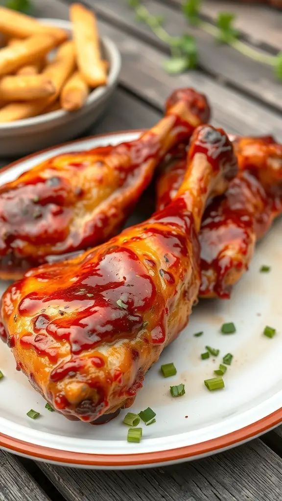 Oven-baked BBQ chicken drumsticks on a plate with barbecue sauce