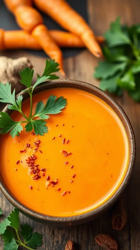 A bowl of spicy carrot and ginger soup garnished with parsley and chili flakes, with fresh carrots in the background.