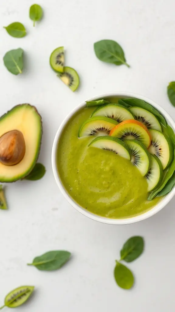 A green smoothie bowl topped with kiwi slices and spinach leaves, with an avocado beside it.