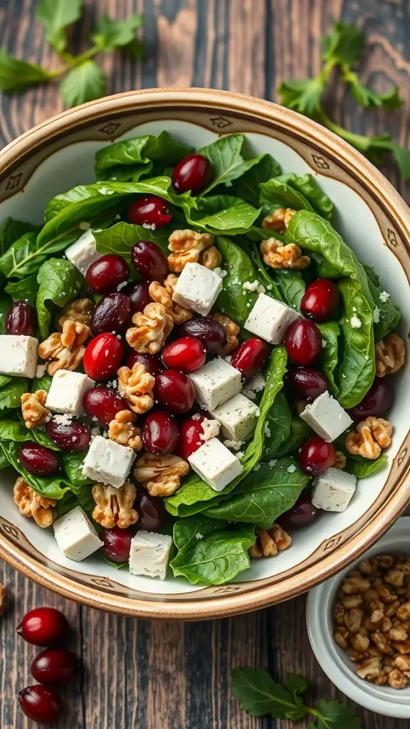 A vibrant bowl of Cranberry Walnut Salad with spinach, cranberries, walnuts, and feta cheese.