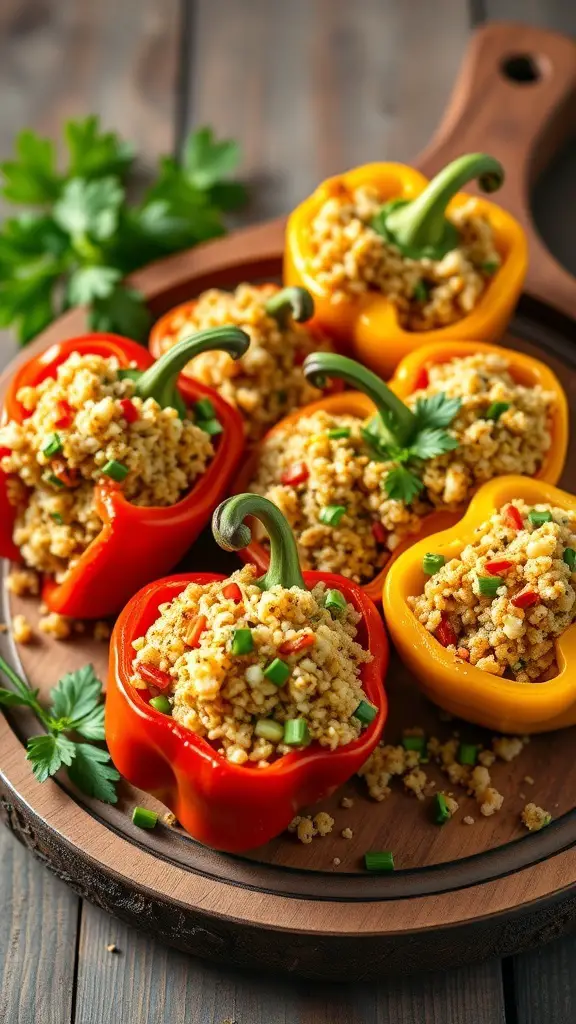 Colorful quinoa stuffed bell peppers on a wooden platter
