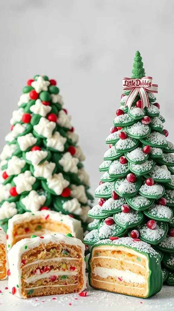 A display of Little Debbie Christmas Tree Cakes, showcasing their festive design and colorful decorations.