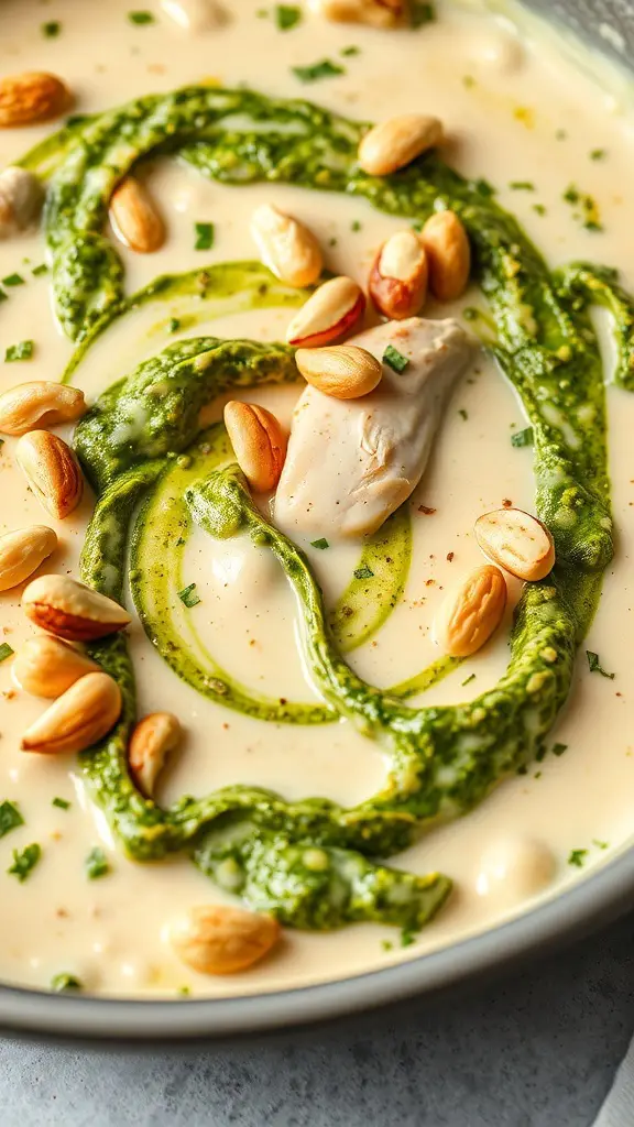 A creamy Pesto Chicken Alfredo Bake with swirls of pesto and topped with almonds.