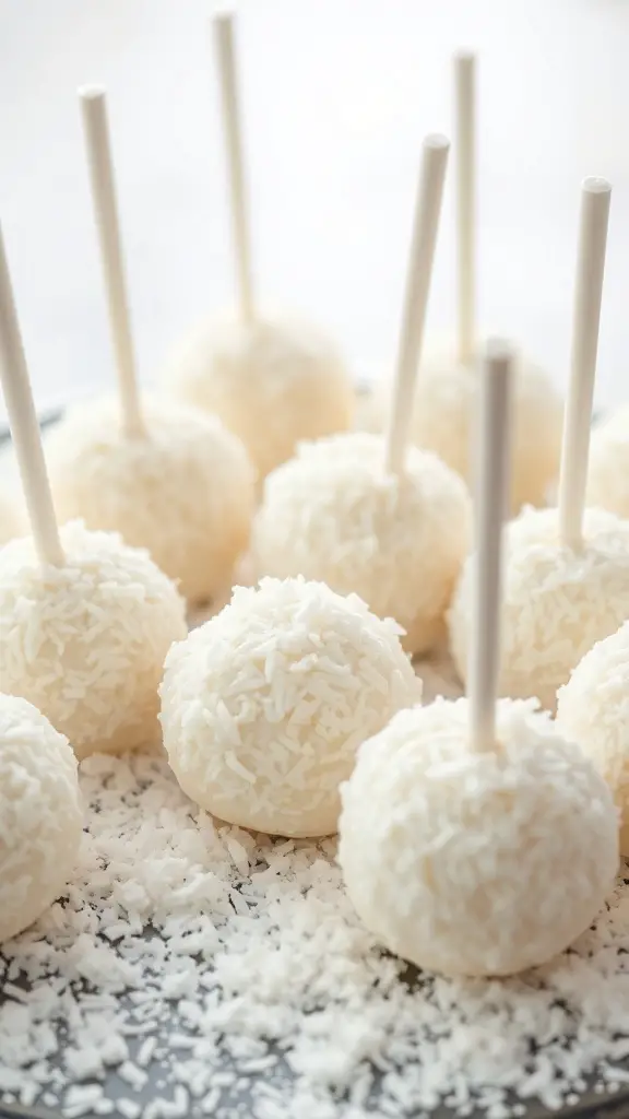 Coconut snowball cake pops coated in shredded coconut on a plate.
