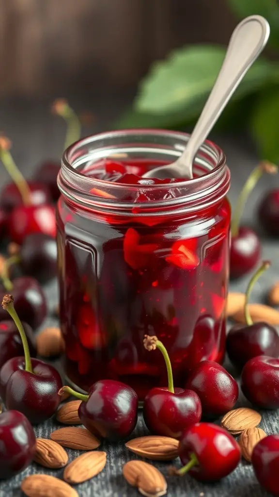 A jar of cherry almond jam surrounded by fresh cherries and almonds.