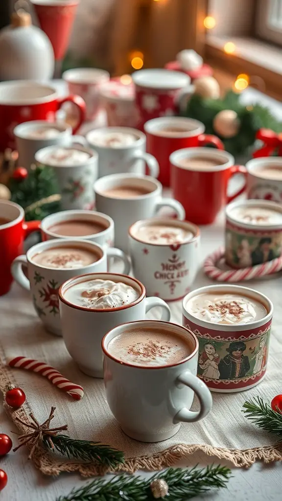 A festive display of various decorative cups filled with hot chocolate, surrounded by candy canes and greenery.