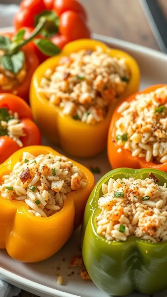 Colorful bell peppers stuffed with salmon and rice mixture