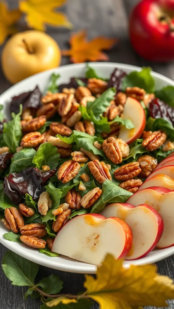 A bowl of Autumn Harvest Salad with greens, sliced apples, pecans, and cranberries, surrounded by autumn leaves and apples.