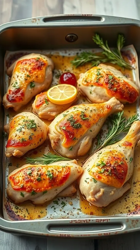 A tray of garlic Parmesan roasted chicken with fresh herbs and lemon slices