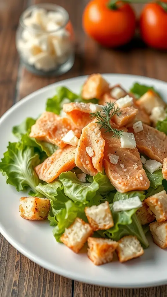 A plate of Salmon Caesar Salad with greens, salmon pieces, croutons, and a sprinkle of cheese.