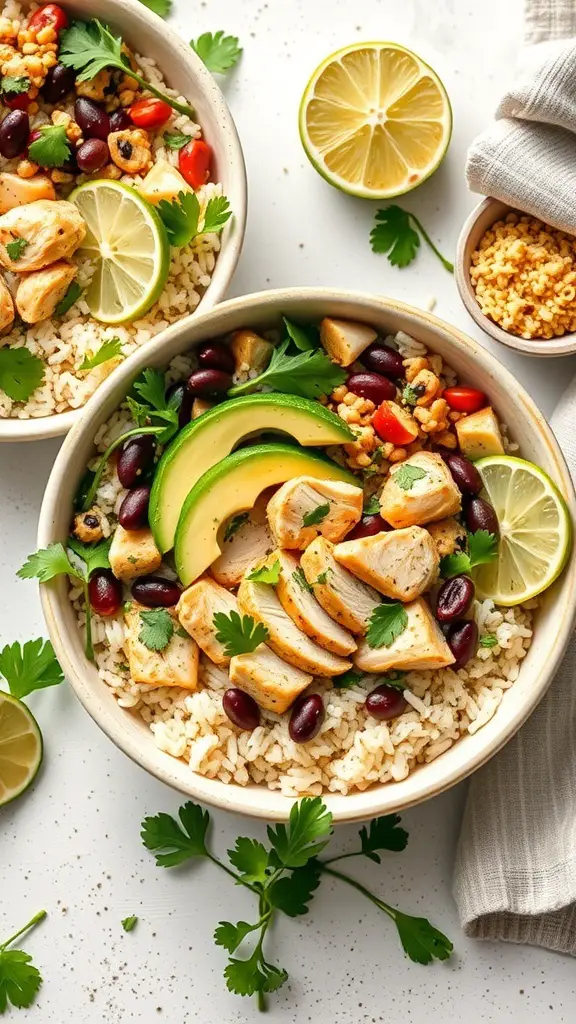 Cilantro Lime Chicken Bowls with rice, chicken, black beans, avocado, and lime
