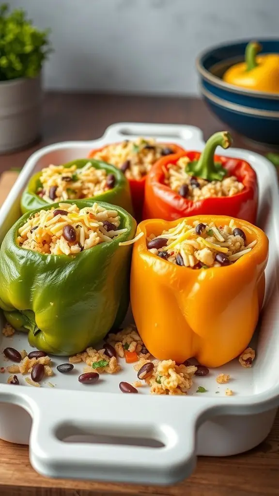 Colorful stuffed bell peppers filled with rice and beans