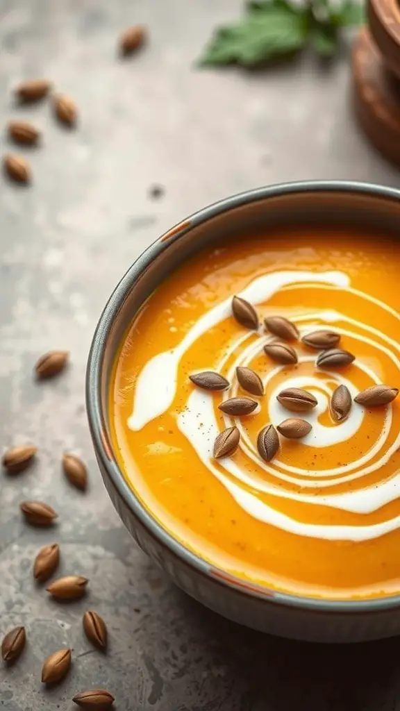A bowl of creamy butternut squash soup topped with a swirl of cream and seeds.